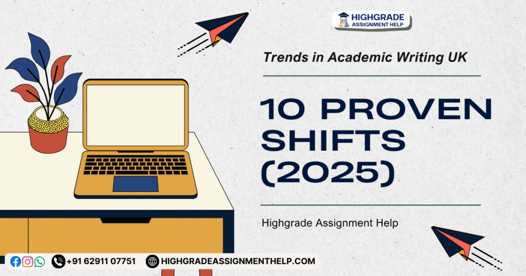 Trends in Academic Writing UK 2025 blog banner with laptop graphic and Highgrade Assignment Help branding.