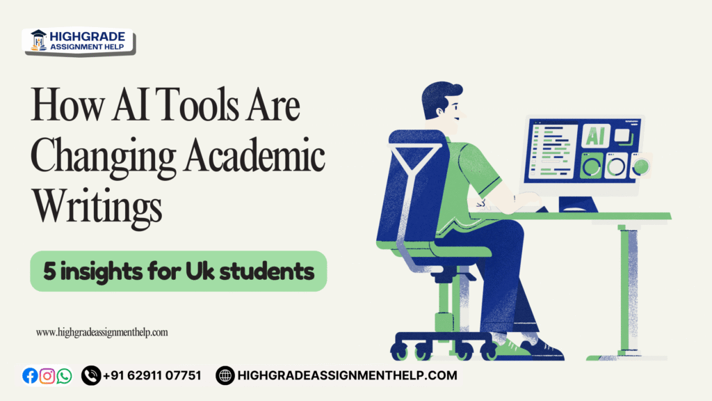 A student using AI tools on a computer to enhance academic writing, with graphics showing digital learning support for UK students and branding for Highgrade Assignment Help.