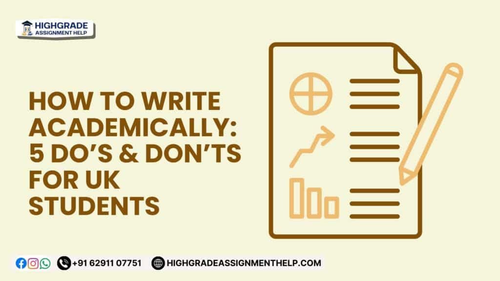 How to write academically guide showing 5 do’s and don’ts for UK students, academic writing rules, academic tone, and common writing mistakes UK universities assess.