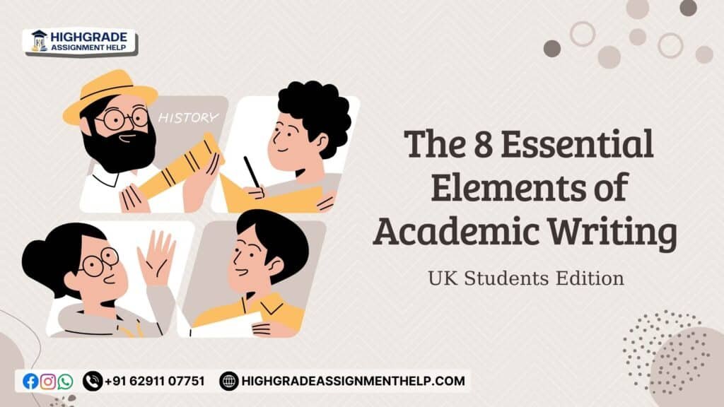 Illustration showing the 8 essential elements of academic writing for UK students, highlighting academic writing features, principles, and structured learning support by Highgrade Assignment Help