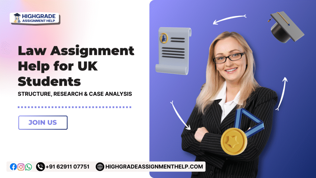 Law assignment help for UK students by Highgrade Assignment Help, highlighting structured legal research and case analysis support.