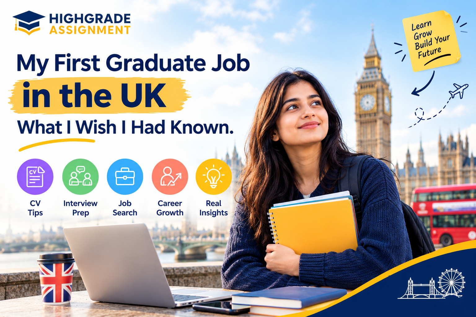 My first graduate job in the UK: career advice for Indian students, featuring a student with a laptop in London and tips on CVs, interviews, job searching and career growth.